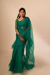 Bottle Green Organza Ruffle Saree