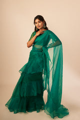 Bottle Green Organza Ruffle Saree