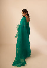 Bottle Green Organza Ruffle Saree