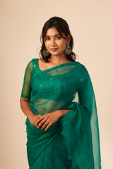 Bottle Green Organza Ruffle Saree