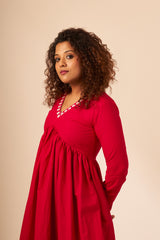 Red Embroidery Mul Cotton Dress (Top)