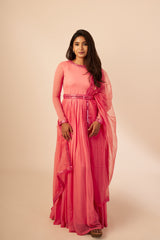 Candy Pink Mirror Work Anarkali With Belt