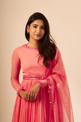 Candy Pink Mirror Work Anarkali With Belt