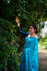 Blue Mul cotton block printed saree