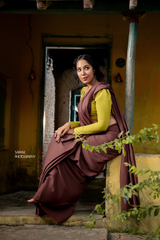 Brown mul cotton plain saree