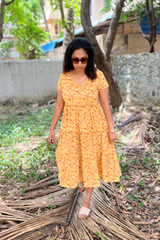 Yellow Floral layered Cotton Dress