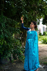 Blue Mul cotton block printed saree