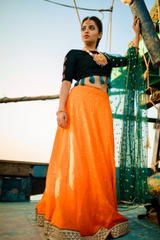 Green & Orange Hand embroidery lehenga