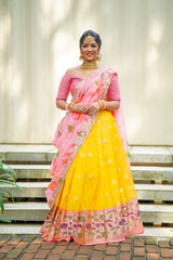 Baby Pink Yellow Embroidery Silk lehenga