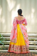 Baby Pink Yellow Embroidery Silk lehenga