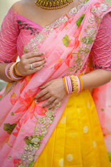 Baby Pink Yellow Embroidery Silk lehenga