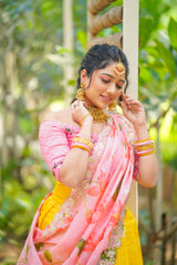 Baby Pink Yellow Embroidery Silk lehenga