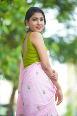 Baby pink block printed mul cotton saree