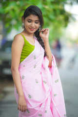 Baby pink block printed mul cotton saree