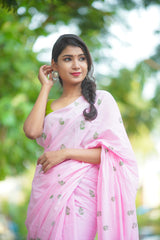 Baby pink block printed mul cotton saree