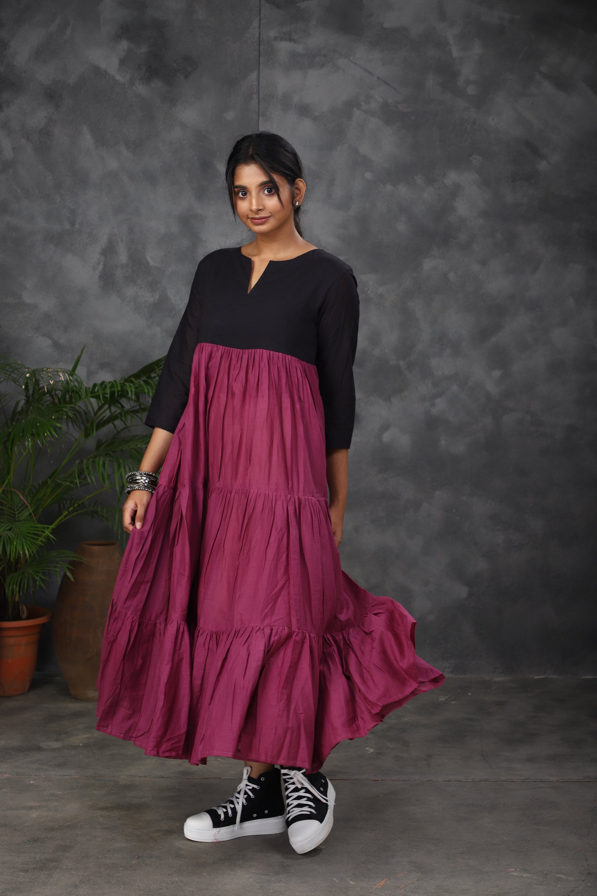 Black Magenta Mul cotton dress Top YoshnasByEla