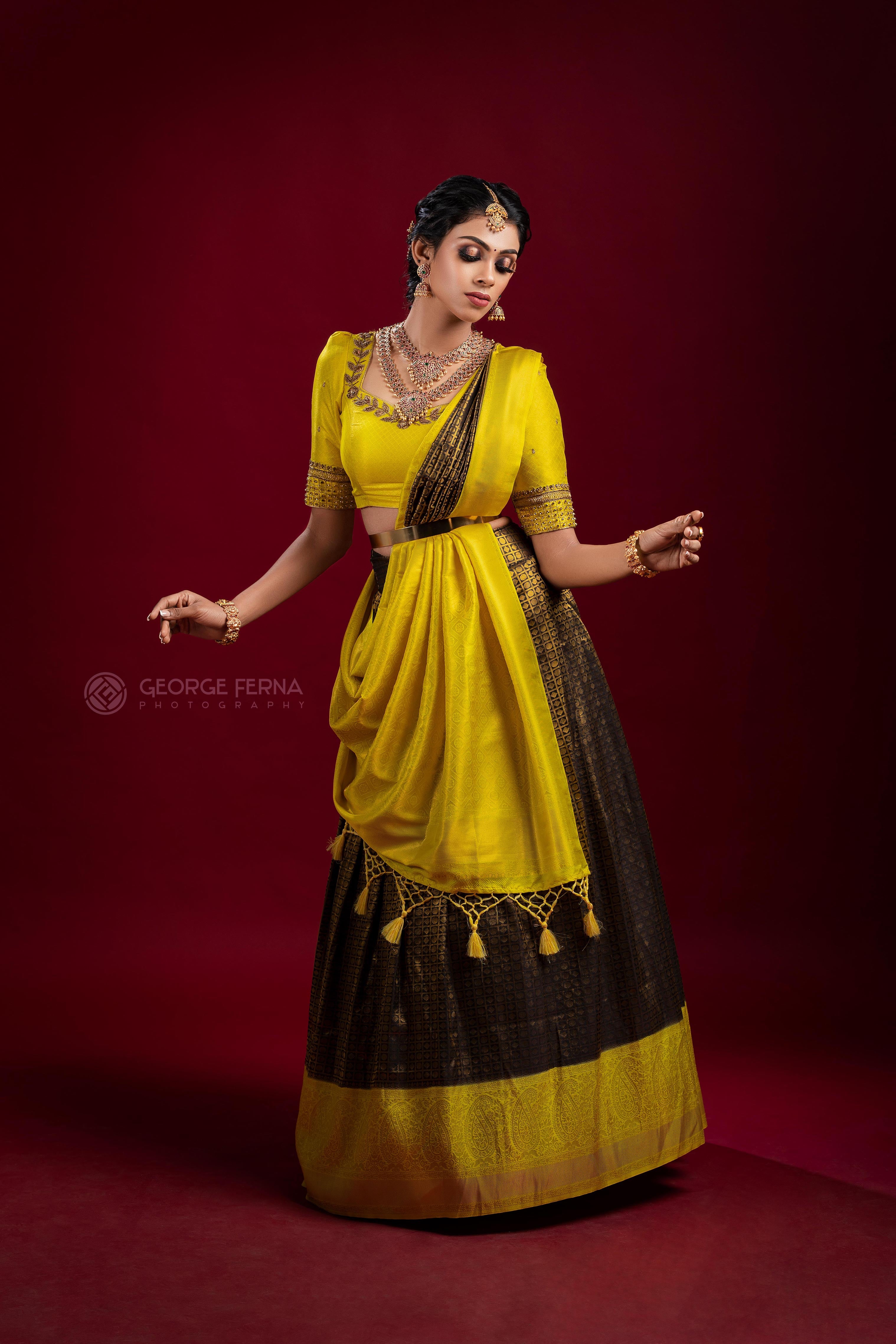 Black & Yellow Silk Embroidery lehenga – YoshnasByEla