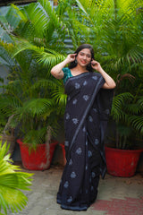 Black & white mul cotton block printed saree