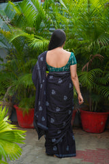 Black & white mul cotton block printed saree