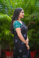 Black & white mul cotton block printed saree