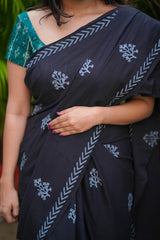 Black & white mul cotton block printed saree