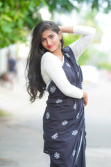 Black mul cotton block printed saree