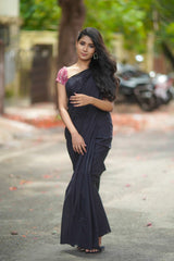 Black mul cotton plain saree