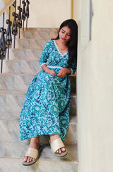 Blue Floral Cotton maxi Dress