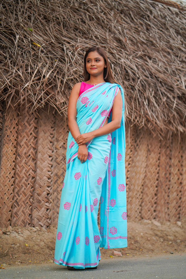 Blue and Pink mul cotton block printed saree