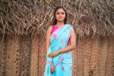Blue and Pink mul cotton block printed saree