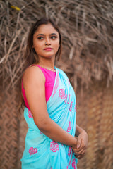 Blue and Pink mul cotton block printed saree