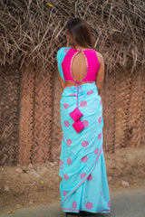 Blue and Pink mul cotton block printed saree