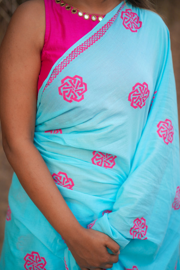 Blue and Pink mul cotton block printed saree