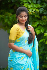 Blue mul cotton block printed saree