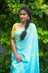 Blue mul cotton block printed saree