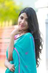 Blue mul cotton block printed saree
