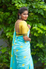 Blue mul cotton block printed saree