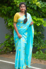 Blue mul cotton block printed saree