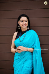 Blue mul cotton plain saree