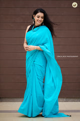 Blue mul cotton plain saree