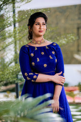 Blue Hand Embroidered organza anarkali - YoshnasByEla