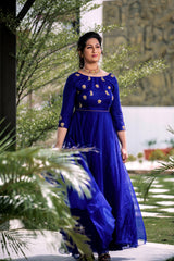Blue Hand Embroidered organza anarkali - YoshnasByEla