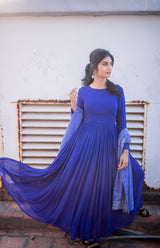 Blue plain Georgette anarkali with dupatta