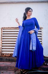 Blue plain Georgette anarkali with dupatta