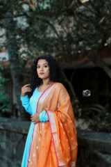 Blue plain Santoon anarkali with orange dupatta