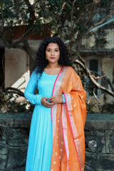 Blue plain Santoon anarkali with orange dupatta