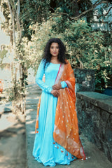 Blue plain Santoon anarkali with orange dupatta