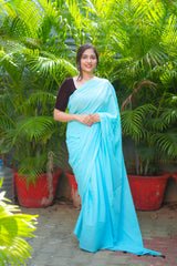 Blue plain mul cotton saree