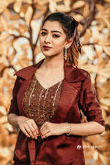 Brown Hand Embroidered organza anarkali