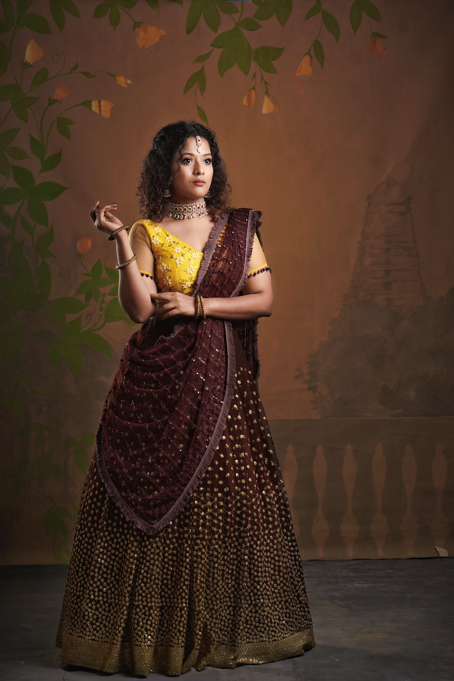 Brown & Yellow Embroidery lehenga – YoshnasByEla